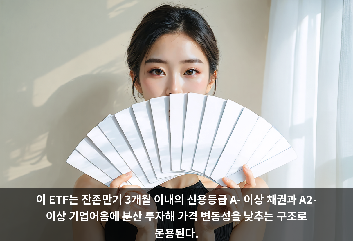 이 ETF는 잔존만기 3개월 이내의 신용등급 A- 이상 채권과 A2- 이상 기업어음에 분산 투자해 가격 변동성을 낮추는 구조로 운용된다.