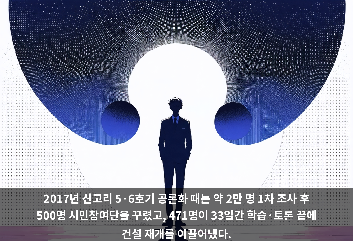 2017년 신고리 5·6호기 공론화 때는 약 2만 명 1차 조사 후 500명 시민참여단을 꾸렸고, 471명이 33일간 학습·토론 끝에 건설 재개를 이끌어냈다.