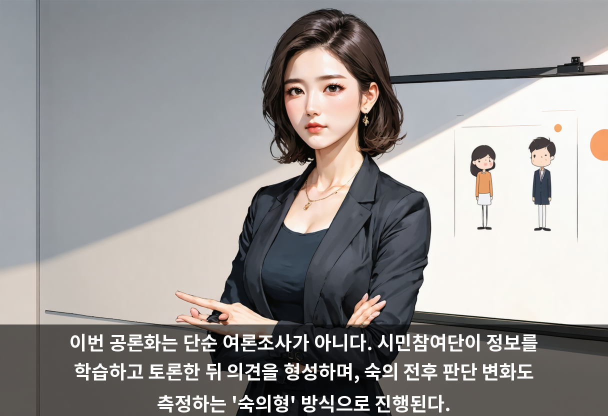 이번 공론화는 단순 여론조사가 아니다. 시민참여단이 정보를 학습하고 토론한 뒤 의견을 형성하며, 숙의 전후 판단 변화도 측정하는 '숙의형' 방식으로 진행된다.