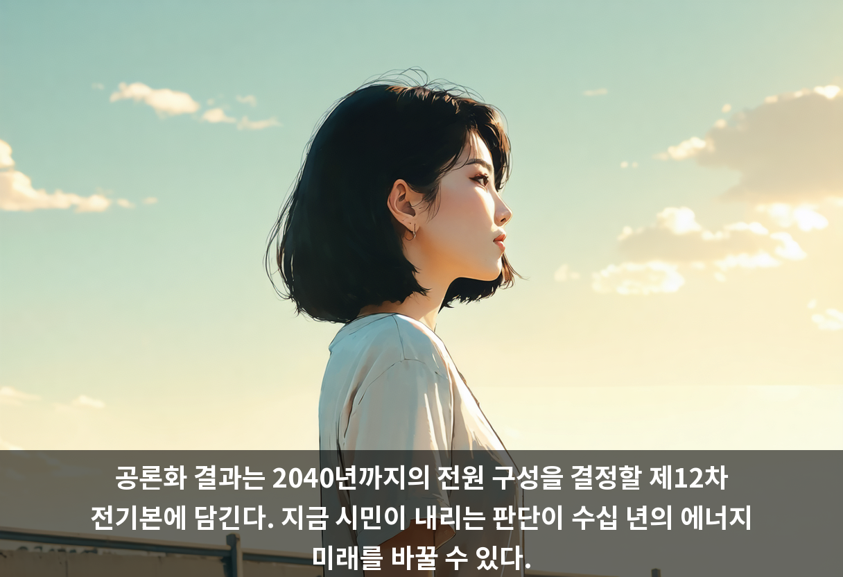 공론화 결과는 2040년까지의 전원 구성을 결정할 제12차 전기본에 담긴다. 지금 시민이 내리는 판단이 수십 년의 에너지 미래를 바꿀 수 있다.