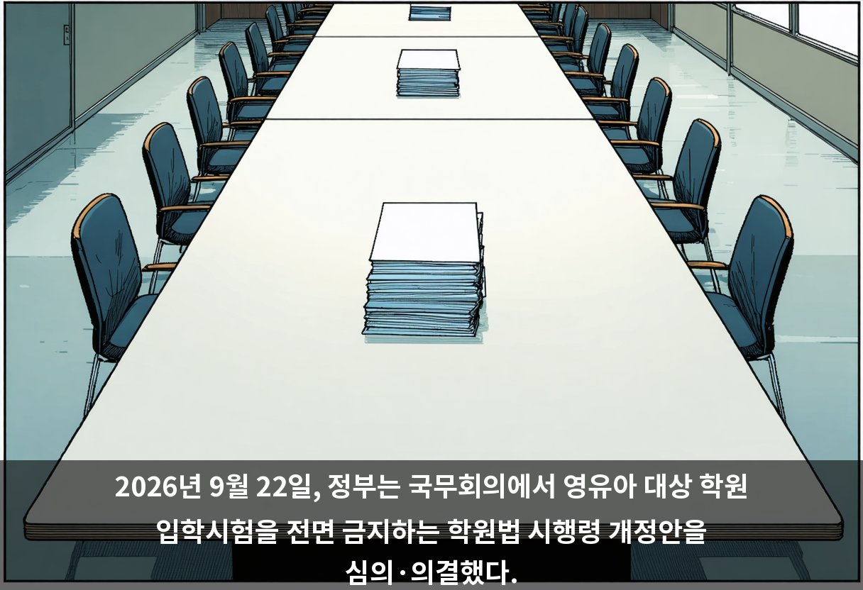 2026년 9월 22일, 정부는 국무회의에서 영유아 대상 학원 입학시험을 전면 금지하는 학원법 시행령 개정안을 심의·의결했다.