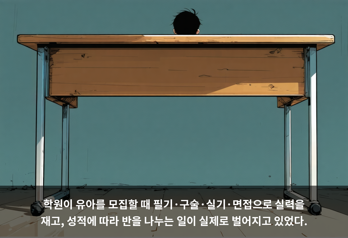 학원이 유아를 모집할 때 필기·구술·실기·면접으로 실력을 재고, 성적에 따라 반을 나누는 일이 실제로 벌어지고 있었다.