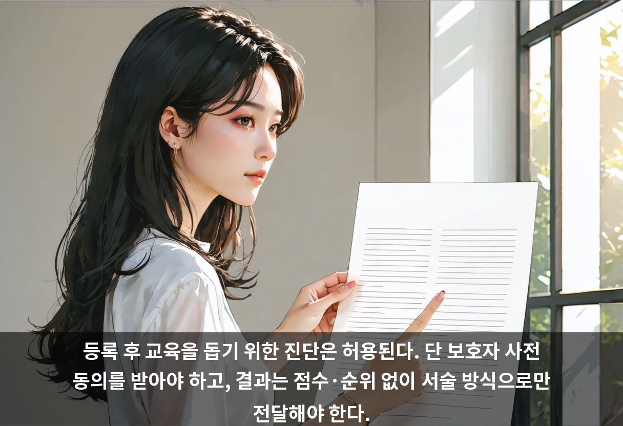 등록 후 교육을 돕기 위한 진단은 허용된다. 단 보호자 사전 동의를 받아야 하고, 결과는 점수·순위 없이 서술 방식으로만 전달해야 한다.