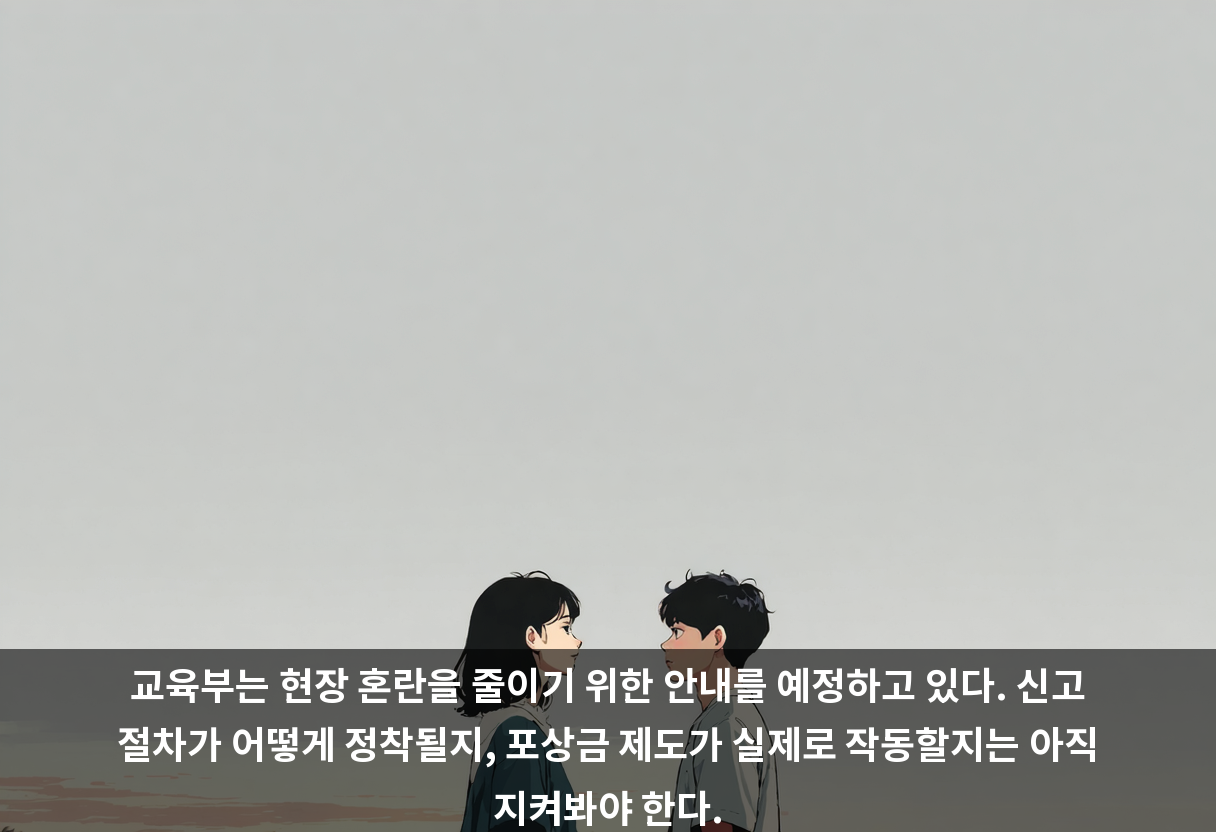 교육부는 현장 혼란을 줄이기 위한 안내를 예정하고 있다. 신고 절차가 어떻게 정착될지, 포상금 제도가 실제로 작동할지는 아직 지켜봐야 한다.