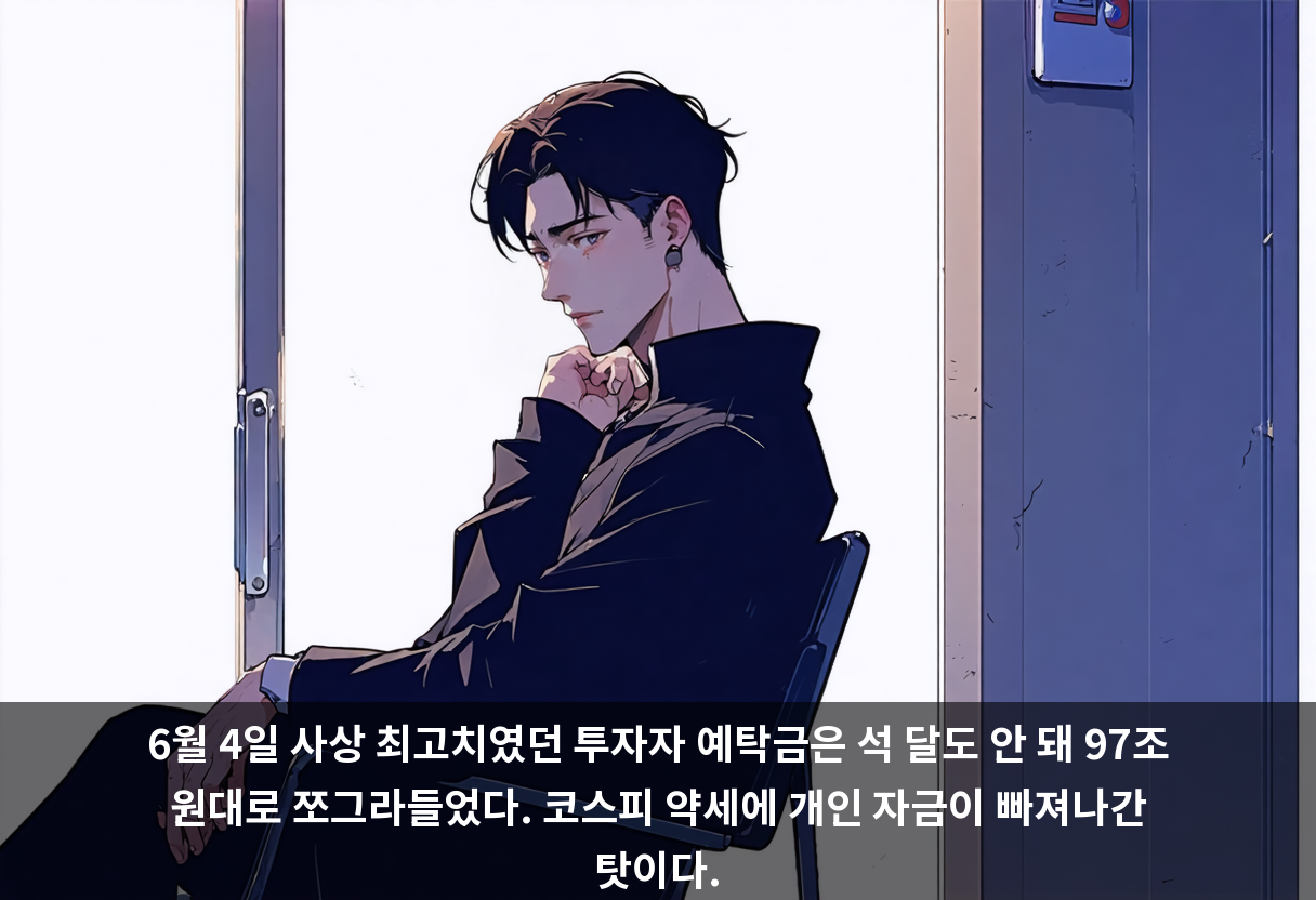 6월 4일 사상 최고치였던 투자자 예탁금은 석 달도 안 돼 97조 원대로 쪼그라들었다. 코스피 약세에 개인 자금이 빠져나간 탓이다.