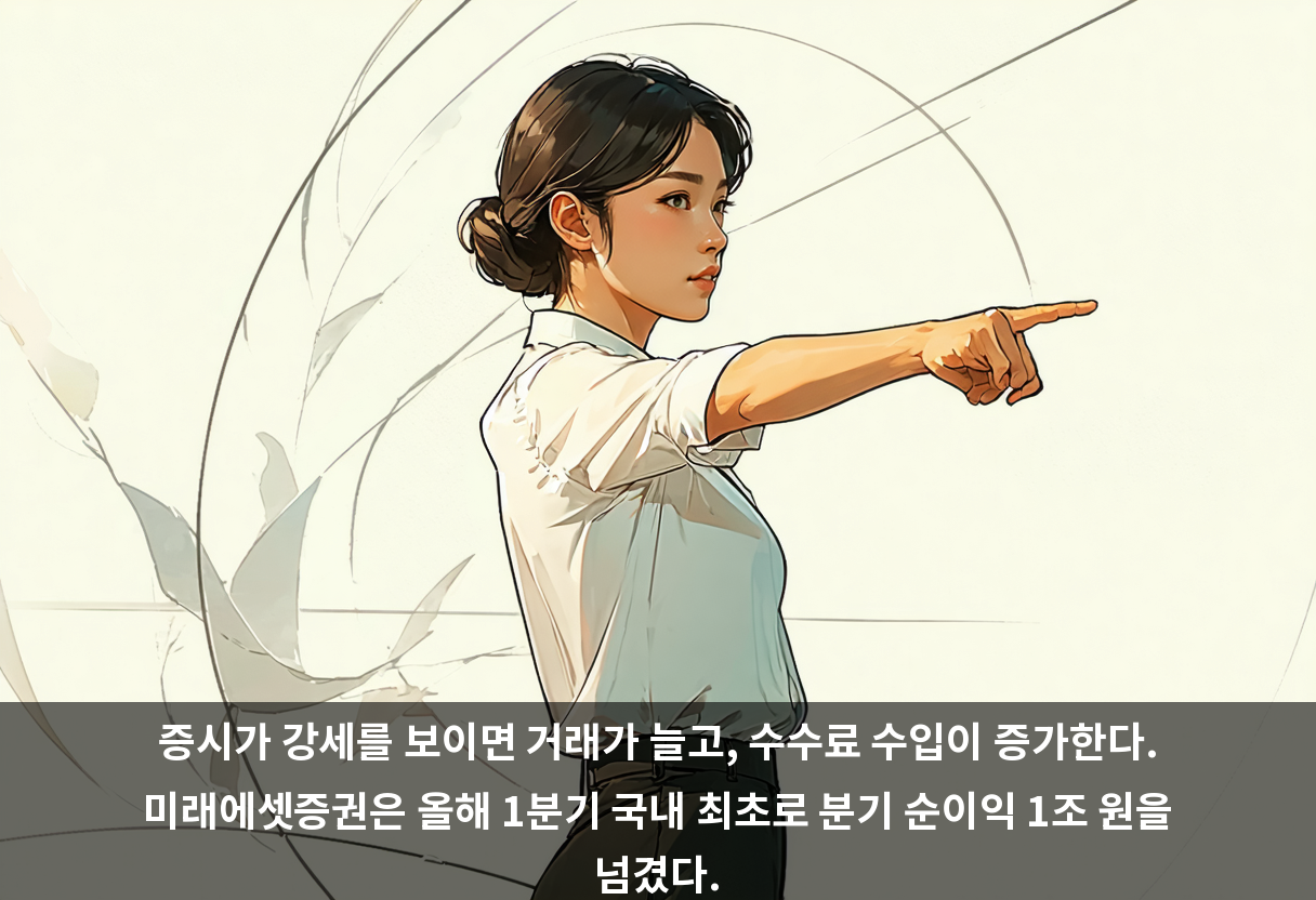 증시가 강세를 보이면 거래가 늘고, 수수료 수입이 증가한다. 미래에셋증권은 올해 1분기 국내 최초로 분기 순이익 1조 원을 넘겼다.