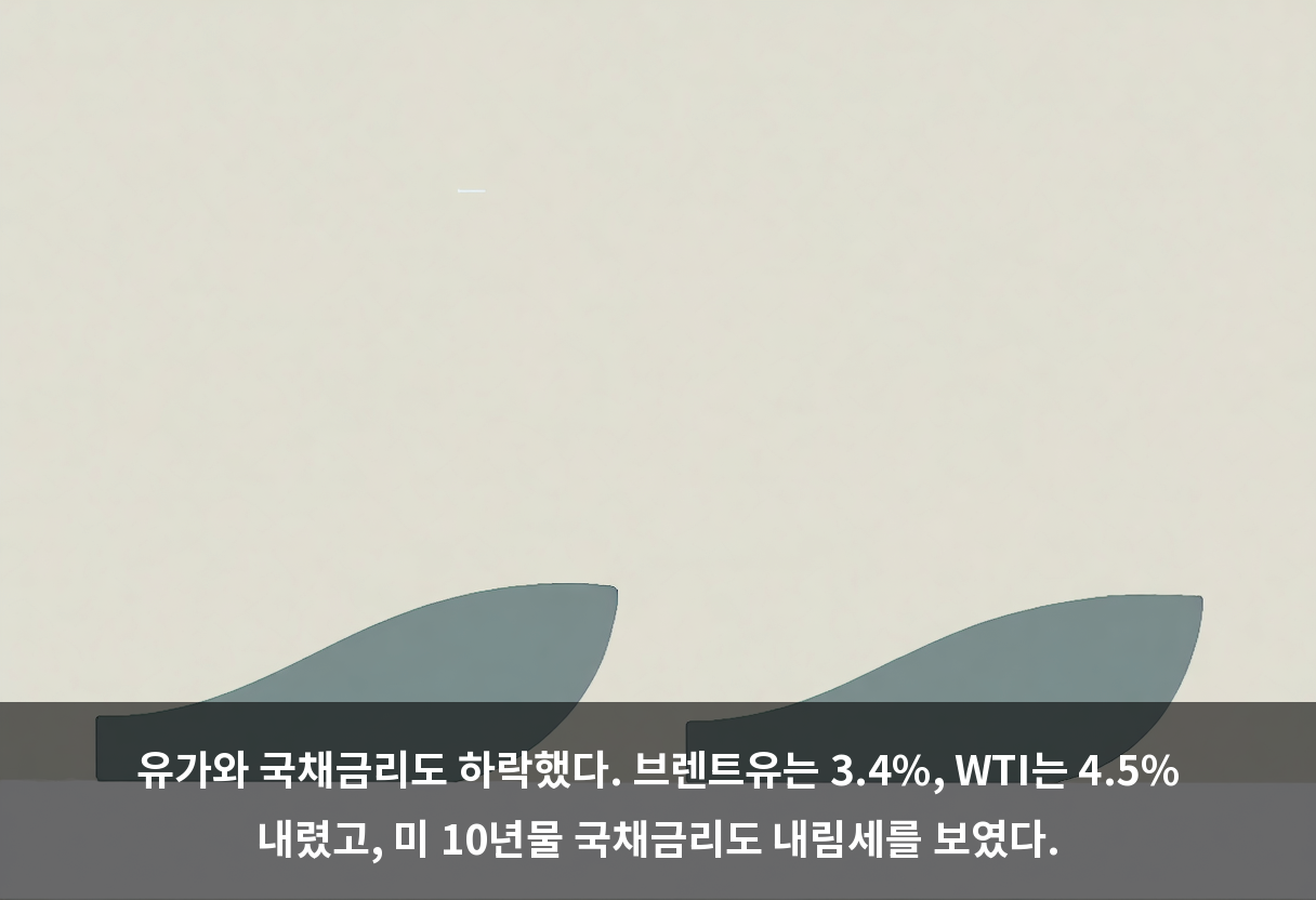 유가와 국채금리도 하락했다. 브렌트유는 3.4%, WTI는 4.5% 내렸고, 미 10년물 국채금리도 내림세를 보였다.
