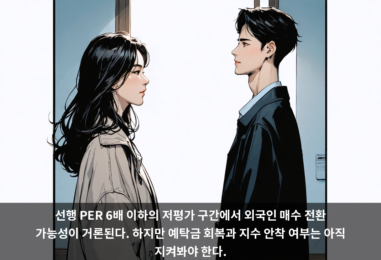 선행 PER 6배 이하의 저평가 구간에서 외국인 매수 전환 가능성이 거론된다. 하지만 예탁금 회복과 지수 안착 여부는 아직 지켜봐야 한다.