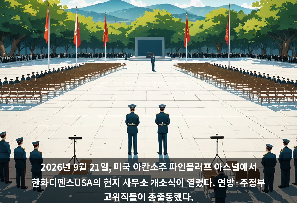 2026년 9월 21일, 미국 아칸소주 파인블러프 아스널에서 한화디펜스USA의 현지 사무소 개소식이 열렸다. 연방·주정부 고위직들이 총출동했다.