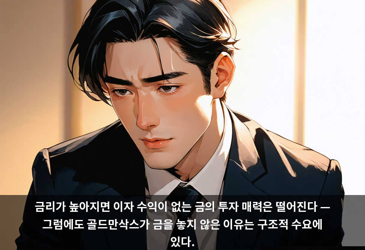 금리가 높아지면 이자 수익이 없는 금의 투자 매력은 떨어진다 — 그럼에도 골드만삭스가 금을 놓지 않은 이유는 구조적 수요에 있다.