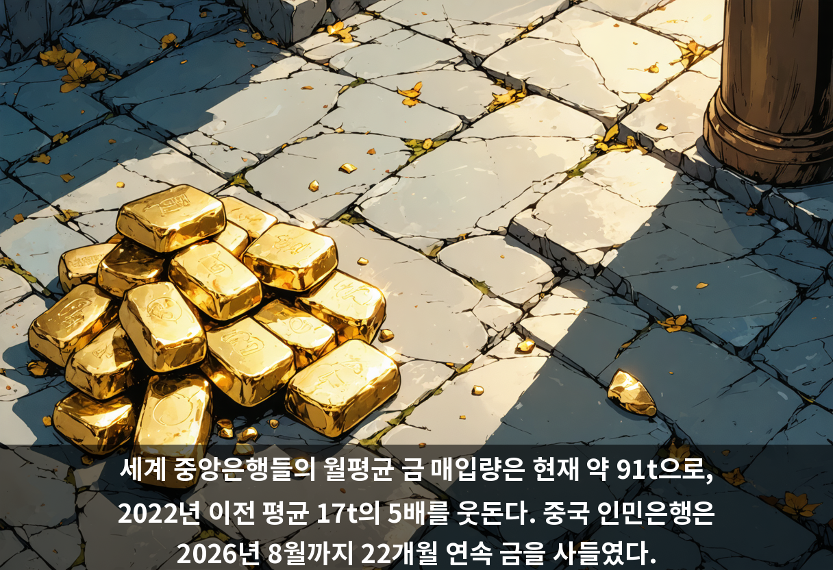 세계 중앙은행들의 월평균 금 매입량은 현재 약 91t으로, 2022년 이전 평균 17t의 5배를 웃돈다. 중국 인민은행은 2026년 8월까지 22개월 연속 금을 사들였다.