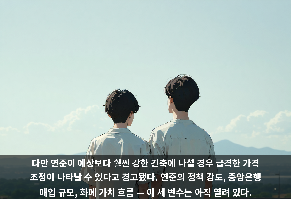 다만 연준이 예상보다 훨씬 강한 긴축에 나설 경우 급격한 가격 조정이 나타날 수 있다고 경고됐다. 연준의 정책 강도, 중앙은행 매입 규모, 화폐 가치 흐름 — 이 세 변수는 아직 열려 있다.