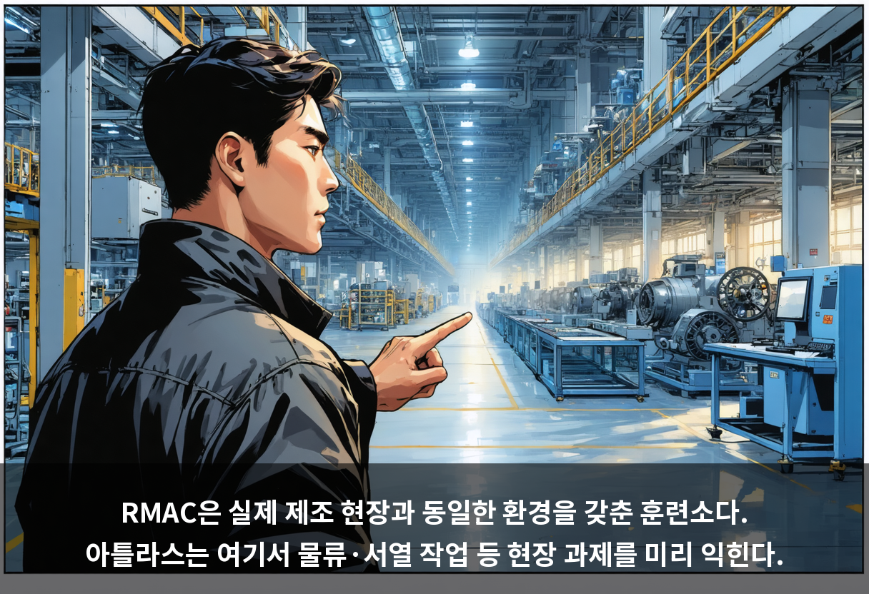 RMAC은 실제 제조 현장과 동일한 환경을 갖춘 훈련소다. 아틀라스는 여기서 물류·서열 작업 등 현장 과제를 미리 익힌다.