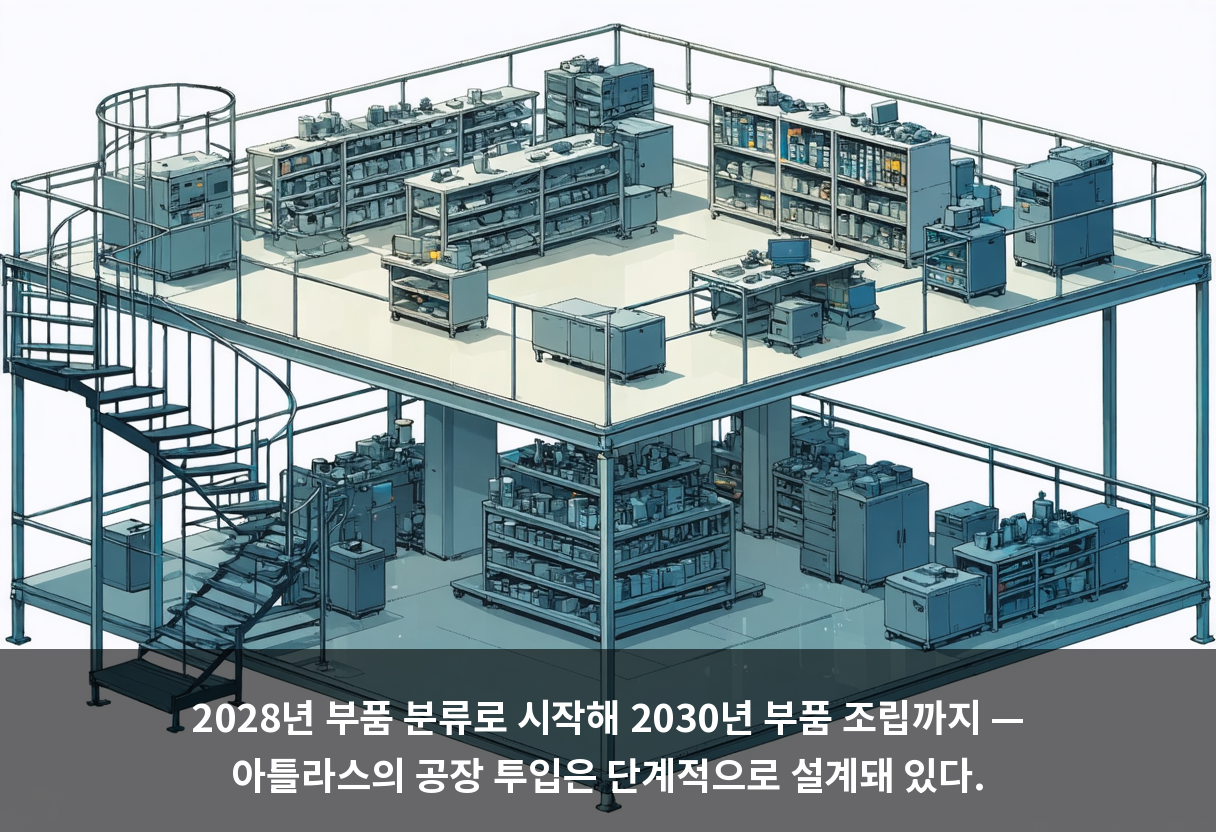 2028년 부품 분류로 시작해 2030년 부품 조립까지 — 아틀라스의 공장 투입은 단계적으로 설계돼 있다.