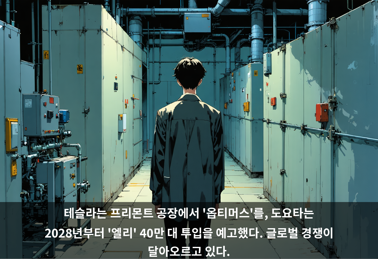 테슬라는 프리몬트 공장에서 '옵티머스'를, 도요타는 2028년부터 '엘리' 40만 대 투입을 예고했다. 글로벌 경쟁이 달아오르고 있다.