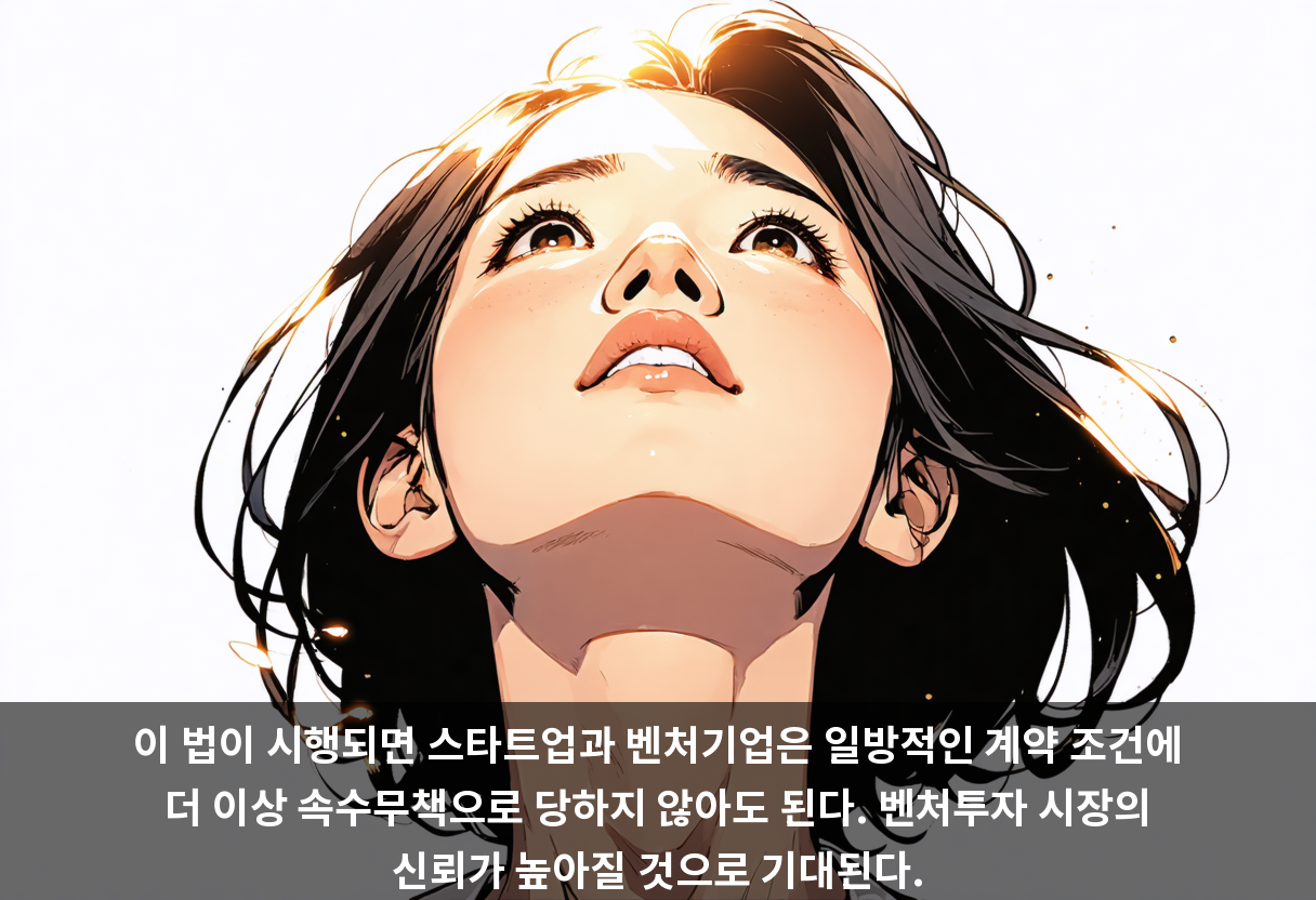 이 법이 시행되면 스타트업과 벤처기업은 일방적인 계약 조건에 더 이상 속수무책으로 당하지 않아도 된다. 벤처투자 시장의 신뢰가 높아질 것으로 기대된다.