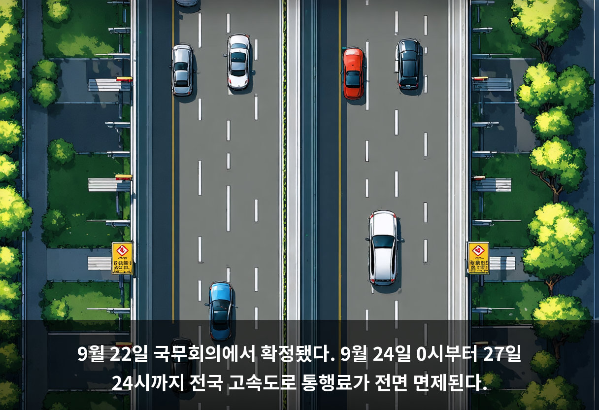 9월 22일 국무회의에서 확정됐다. 9월 24일 0시부터 27일 24시까지 전국 고속도로 통행료가 전면 면제된다.