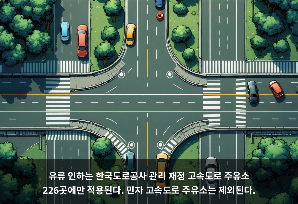 유류 인하는 한국도로공사 관리 재정 고속도로 주유소 226곳에만 적용된다. 민자 고속도로 주유소는 제외된다.