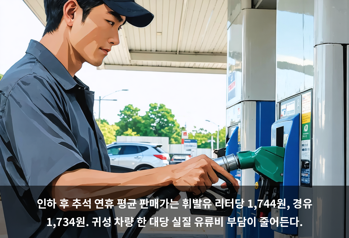 인하 후 추석 연휴 평균 판매가는 휘발유 리터당 1,744원, 경유 1,734원. 귀성 차량 한 대당 실질 유류비 부담이 줄어든다.