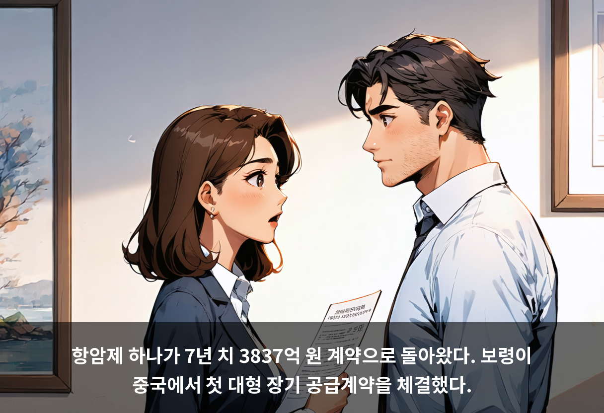 항암제 하나가 7년 치 3837억 원 계약으로 돌아왔다. 보령이 중국에서 첫 대형 장기 공급계약을 체결했다.