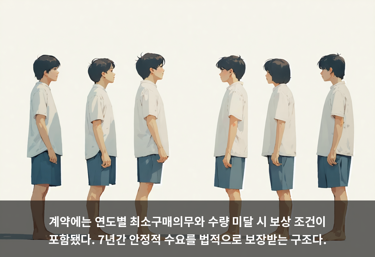 계약에는 연도별 최소구매의무와 수량 미달 시 보상 조건이 포함됐다. 7년간 안정적 수요를 법적으로 보장받는 구조다.