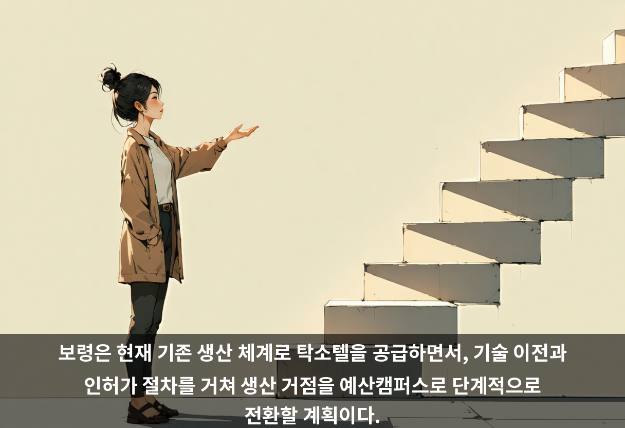 보령은 현재 기존 생산 체계로 탁소텔을 공급하면서, 기술 이전과 인허가 절차를 거쳐 생산 거점을 예산캠퍼스로 단계적으로 전환할 계획이다.