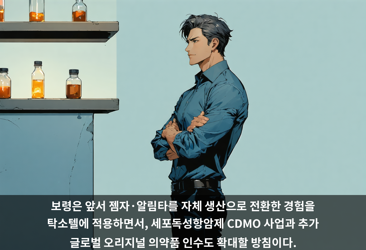 보령은 앞서 젬자·알림타를 자체 생산으로 전환한 경험을 탁소텔에 적용하면서, 세포독성항암제 CDMO 사업과 추가 글로벌 오리지널 의약품 인수도 확대할 방침이다.