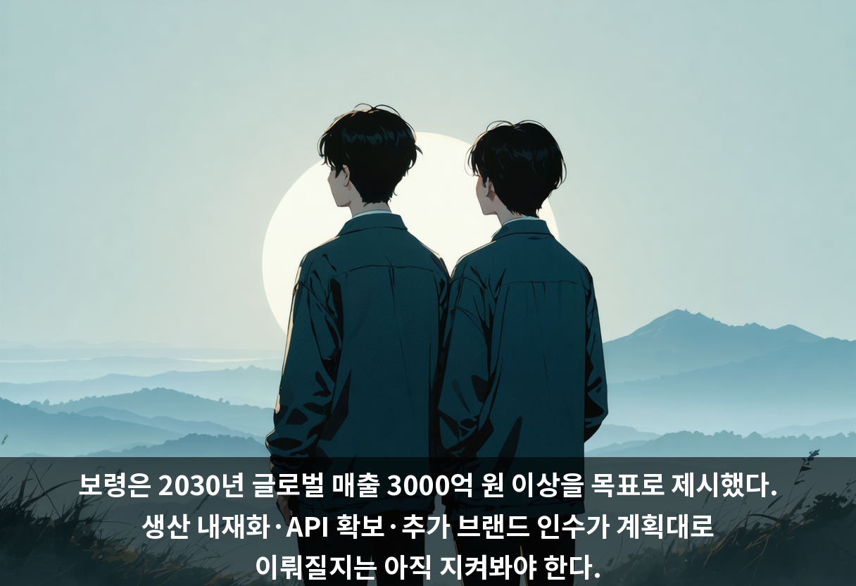 보령은 2030년 글로벌 매출 3000억 원 이상을 목표로 제시했다. 생산 내재화·API 확보·추가 브랜드 인수가 계획대로 이뤄질지는 아직 지켜봐야 한다.