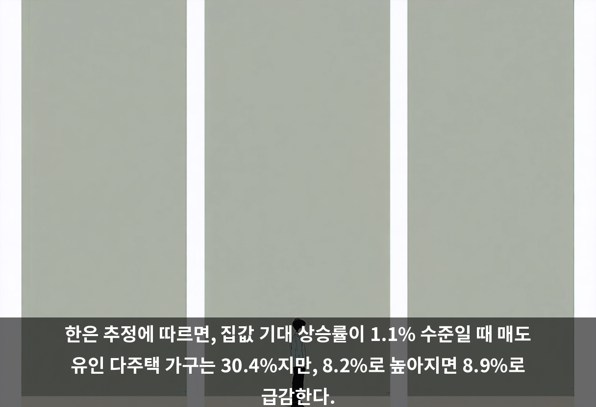 한은 추정에 따르면, 집값 기대 상승률이 1.1% 수준일 때 매도 유인 다주택 가구는 30.4%지만, 8.2%로 높아지면 8.9%로 급감한다.