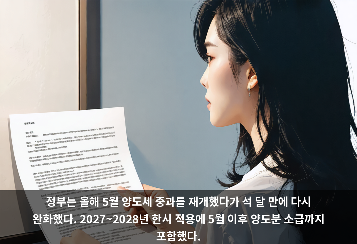정부는 올해 5월 양도세 중과를 재개했다가 석 달 만에 다시 완화했다. 2027~2028년 한시 적용에 5월 이후 양도분 소급까지 포함했다.