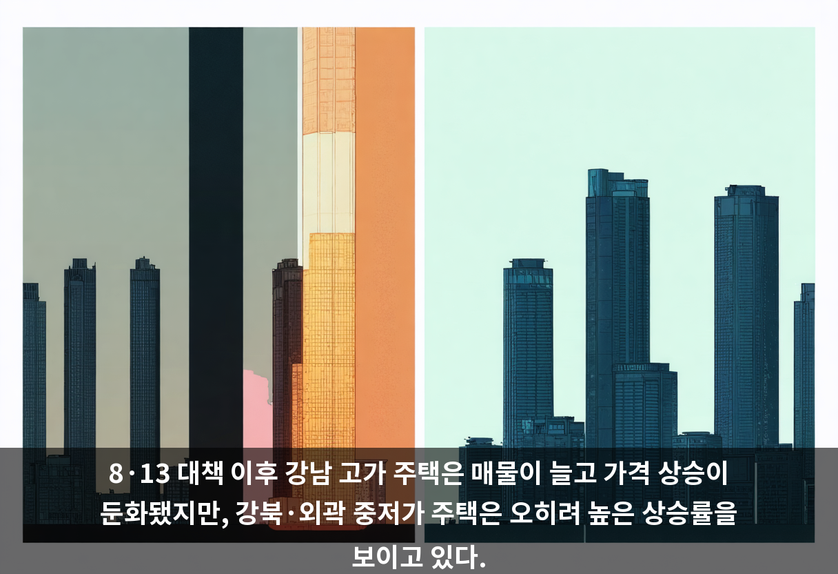 8·13 대책 이후 강남 고가 주택은 매물이 늘고 가격 상승이 둔화됐지만, 강북·외곽 중저가 주택은 오히려 높은 상승률을 보이고 있다.