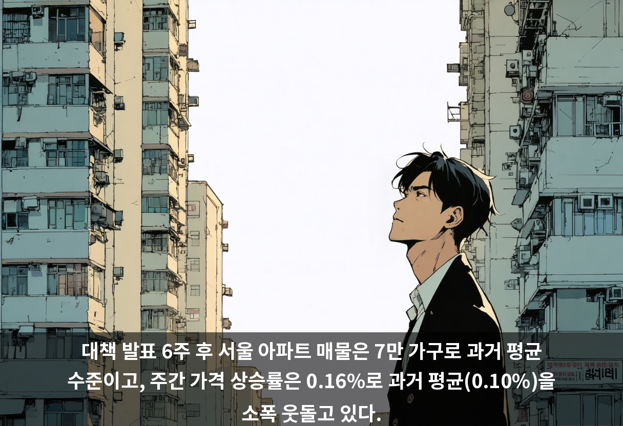 대책 발표 6주 후 서울 아파트 매물은 7만 가구로 과거 평균 수준이고, 주간 가격 상승률은 0.16%로 과거 평균(0.10%)을 소폭 웃돌고 있다.