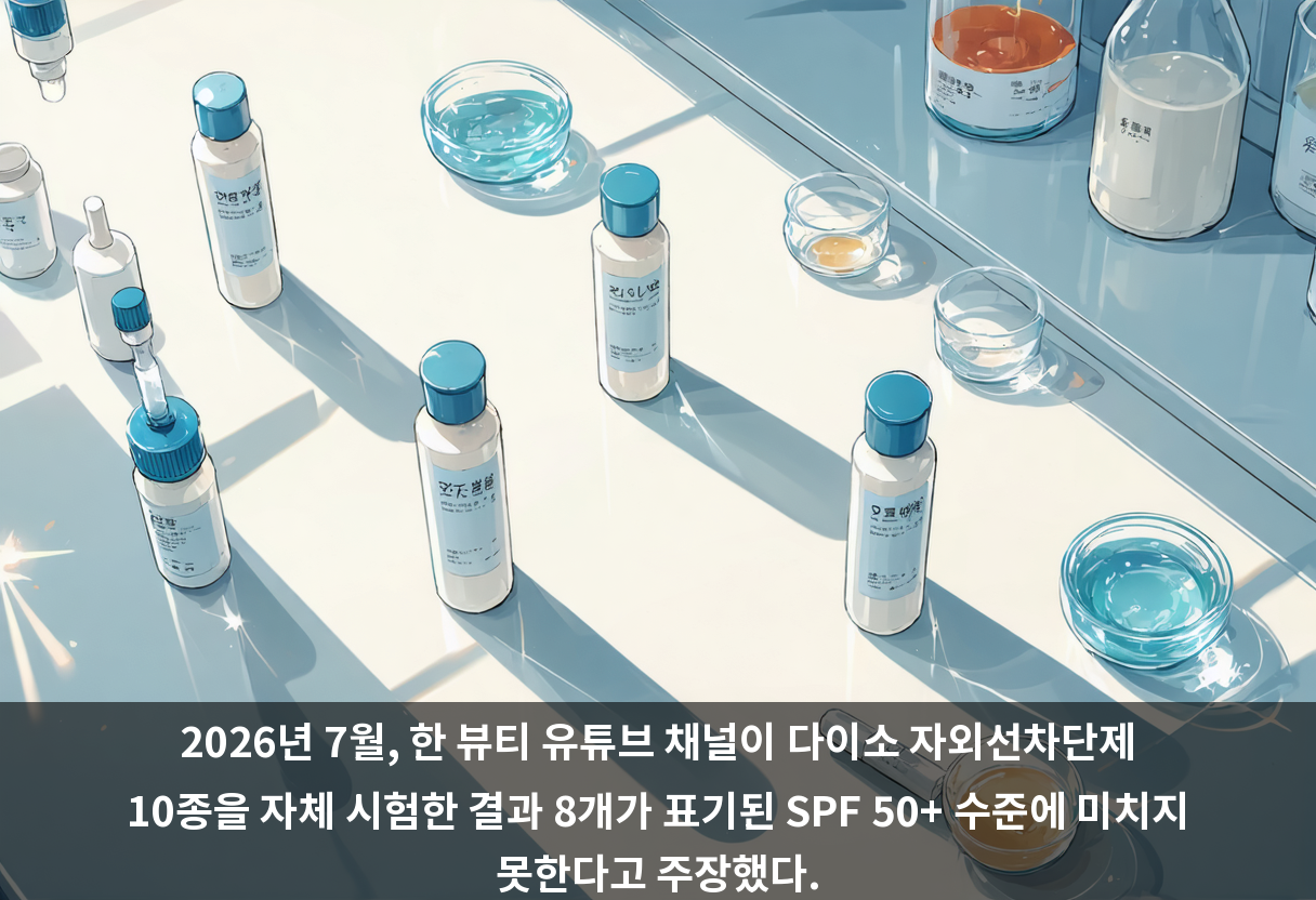 2026년 7월, 한 뷰티 유튜브 채널이 다이소 자외선차단제 10종을 자체 시험한 결과 8개가 표기된 SPF 50+ 수준에 미치지 못한다고 주장했다.