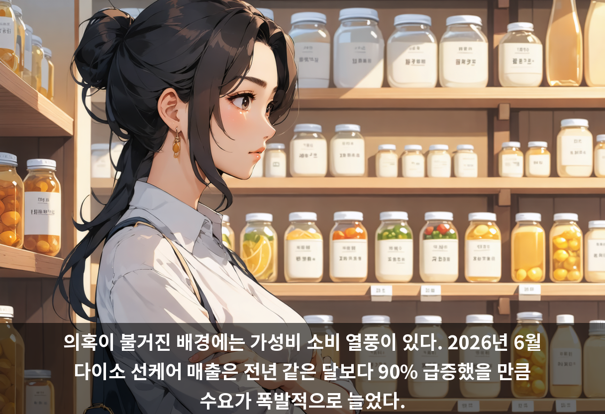 의혹이 불거진 배경에는 가성비 소비 열풍이 있다. 2026년 6월 다이소 선케어 매출은 전년 같은 달보다 90% 급증했을 만큼 수요가 폭발적으로 늘었다.