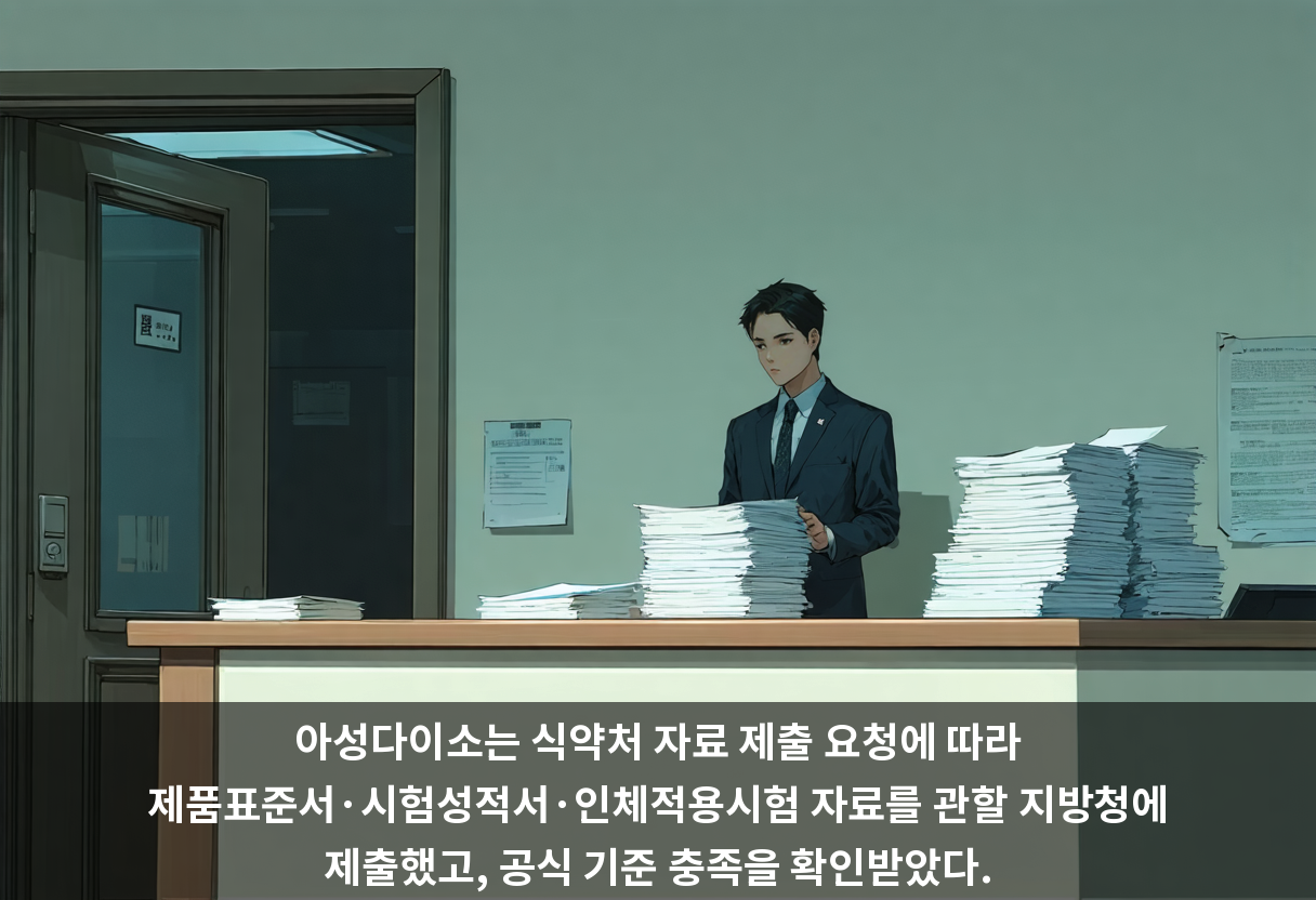 아성다이소는 식약처 자료 제출 요청에 따라 제품표준서·시험성적서·인체적용시험 자료를 관할 지방청에 제출했고, 공식 기준 충족을 확인받았다.