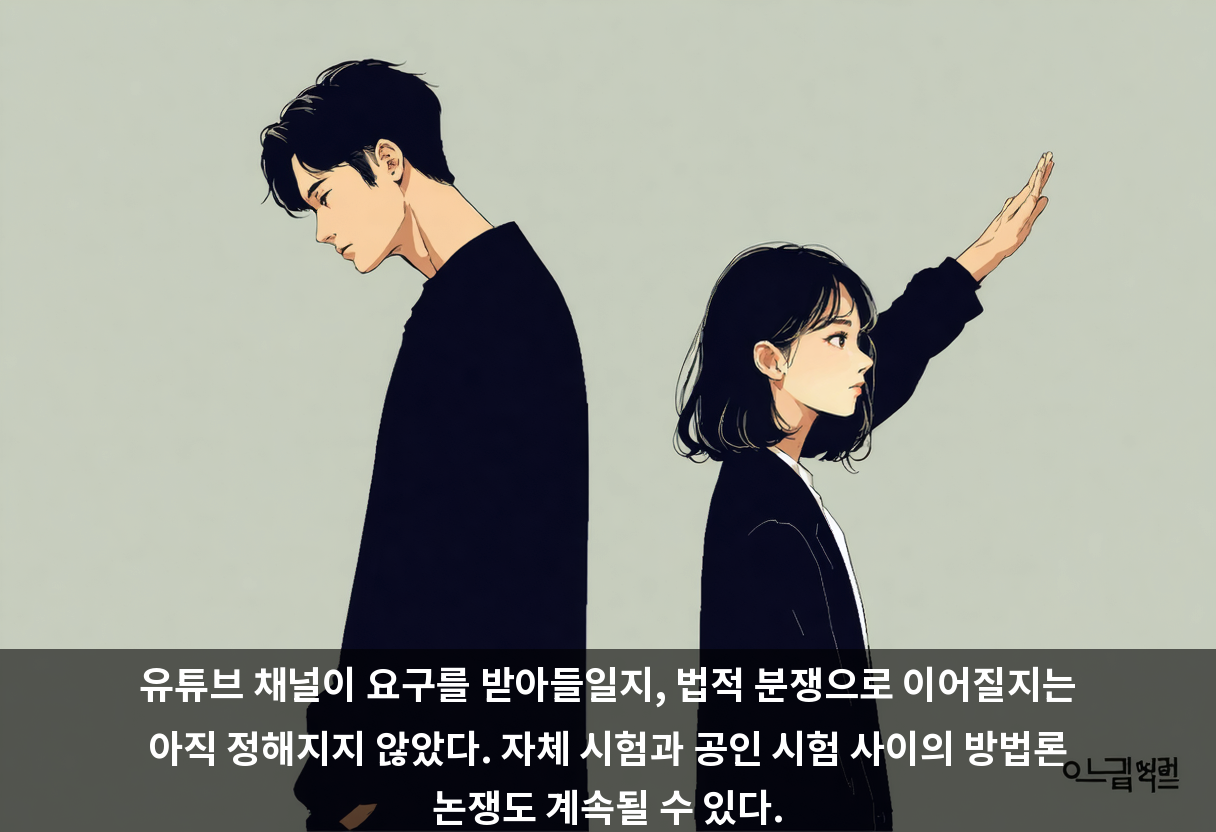 유튜브 채널이 요구를 받아들일지, 법적 분쟁으로 이어질지는 아직 정해지지 않았다. 자체 시험과 공인 시험 사이의 방법론 논쟁도 계속될 수 있다.