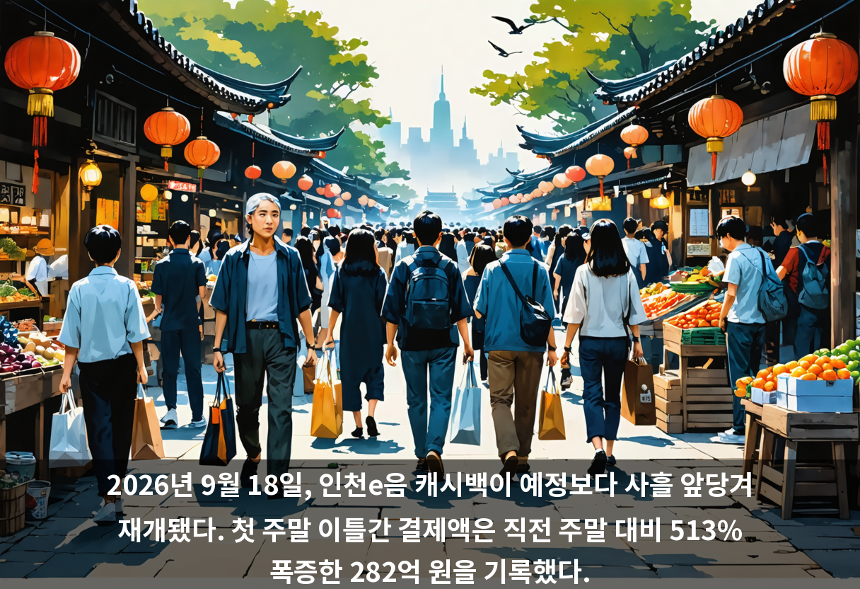 2026년 9월 18일, 인천e음 캐시백이 예정보다 사흘 앞당겨 재개됐다. 첫 주말 이틀간 결제액은 직전 주말 대비 513% 폭증한 282억 원을 기록했다.