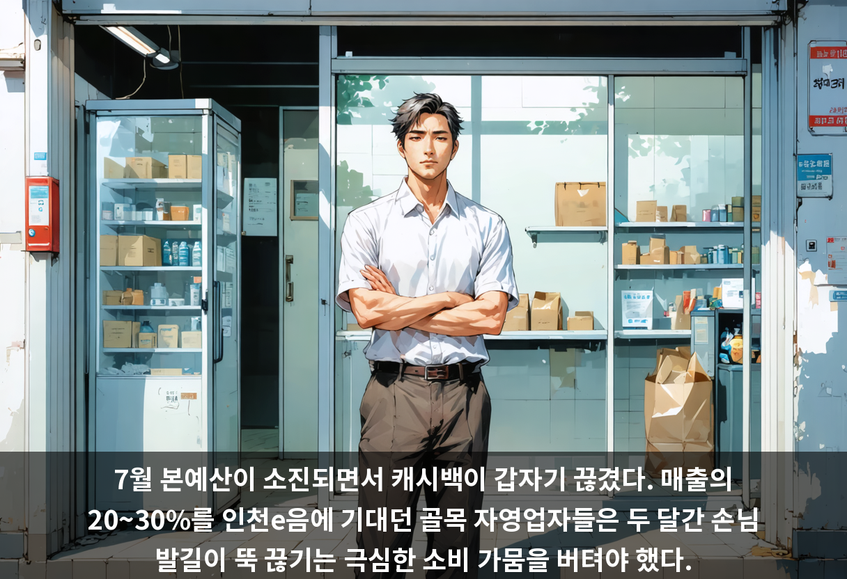 7월 본예산이 소진되면서 캐시백이 갑자기 끊겼다. 매출의 20~30%를 인천e음에 기대던 골목 자영업자들은 두 달간 손님 발길이 뚝 끊기는 극심한 소비 가뭄을 버텨야 했다.