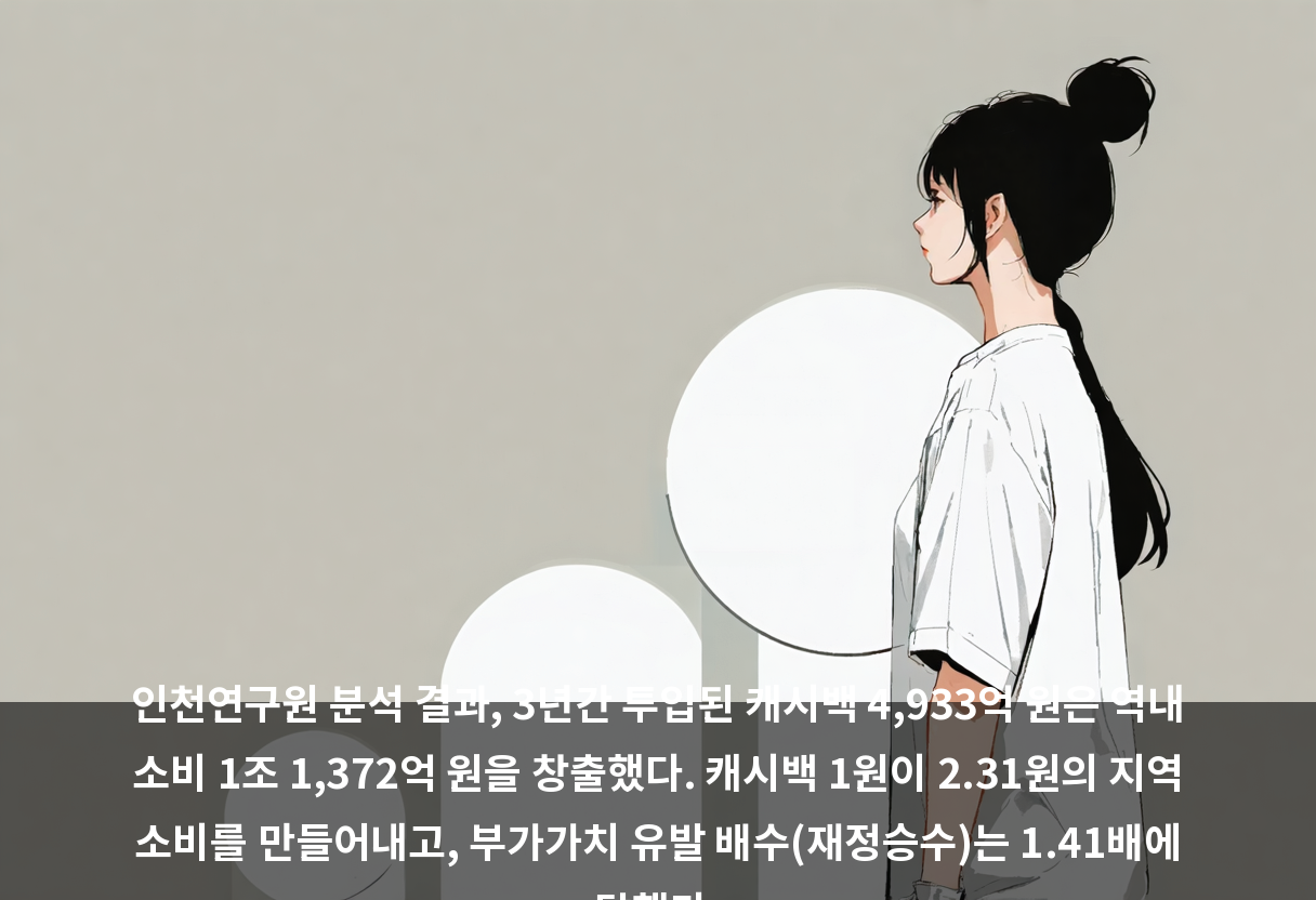 인천연구원 분석 결과, 3년간 투입된 캐시백 4,933억 원은 역내 소비 1조 1,372억 원을 창출했다. 캐시백 1원이 2.31원의 지역 소비를 만들어내고, 부가가치 유발 배수(재정승수)는 1.41배에 달했다.