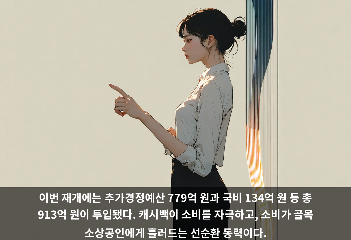 이번 재개에는 추가경정예산 779억 원과 국비 134억 원 등 총 913억 원이 투입됐다. 캐시백이 소비를 자극하고, 소비가 골목 소상공인에게 흘러드는 선순환 동력이다.