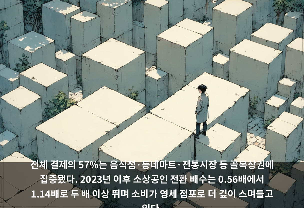 전체 결제의 57%는 음식점·동네마트·전통시장 등 골목상권에 집중됐다. 2023년 이후 소상공인 전환 배수는 0.56배에서 1.14배로 두 배 이상 뛰며 소비가 영세 점포로 더 깊이 스며들고 있다.