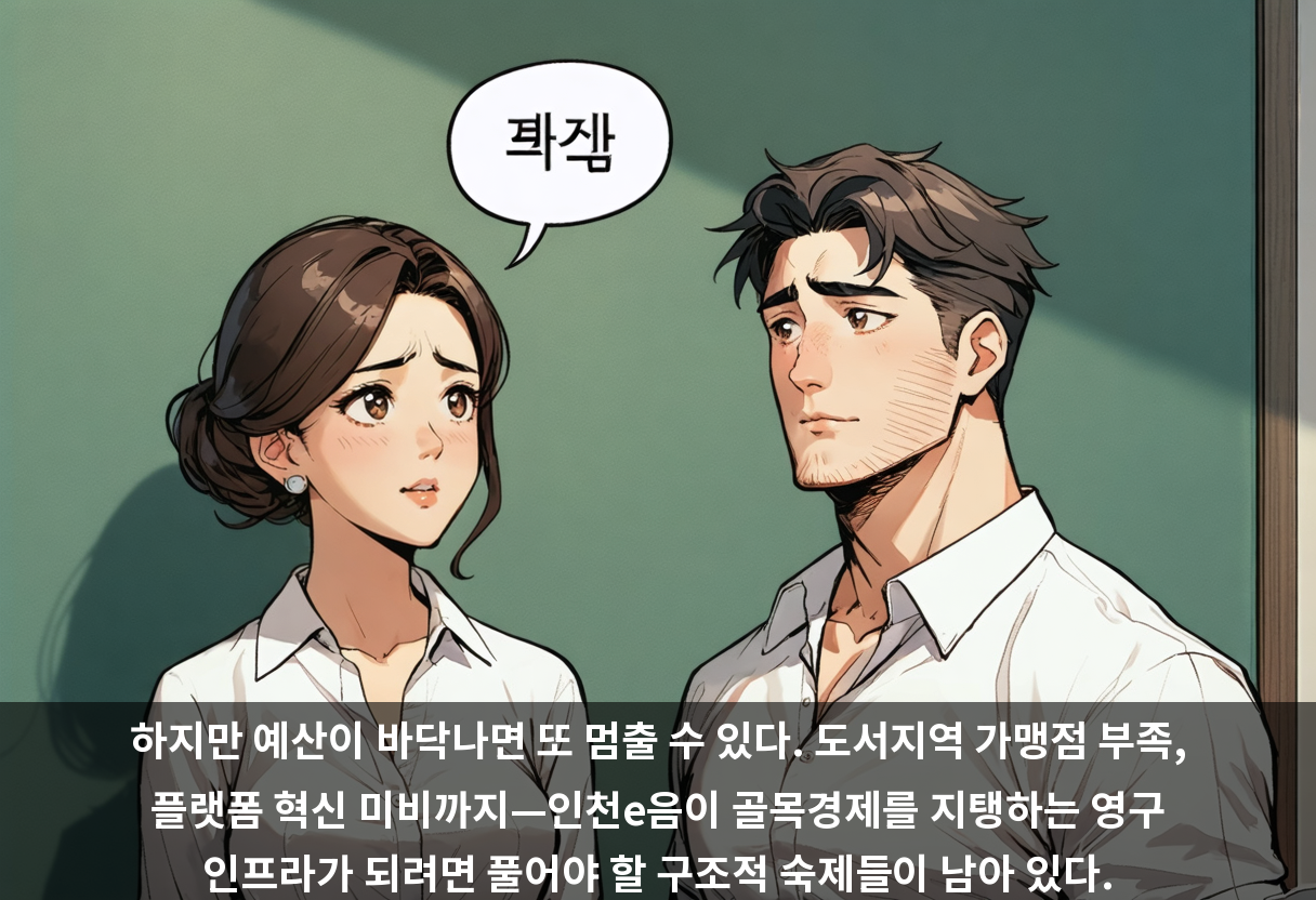 하지만 예산이 바닥나면 또 멈출 수 있다. 도서지역 가맹점 부족, 플랫폼 혁신 미비까지—인천e음이 골목경제를 지탱하는 영구 인프라가 되려면 풀어야 할 구조적 숙제들이 남아 있다.