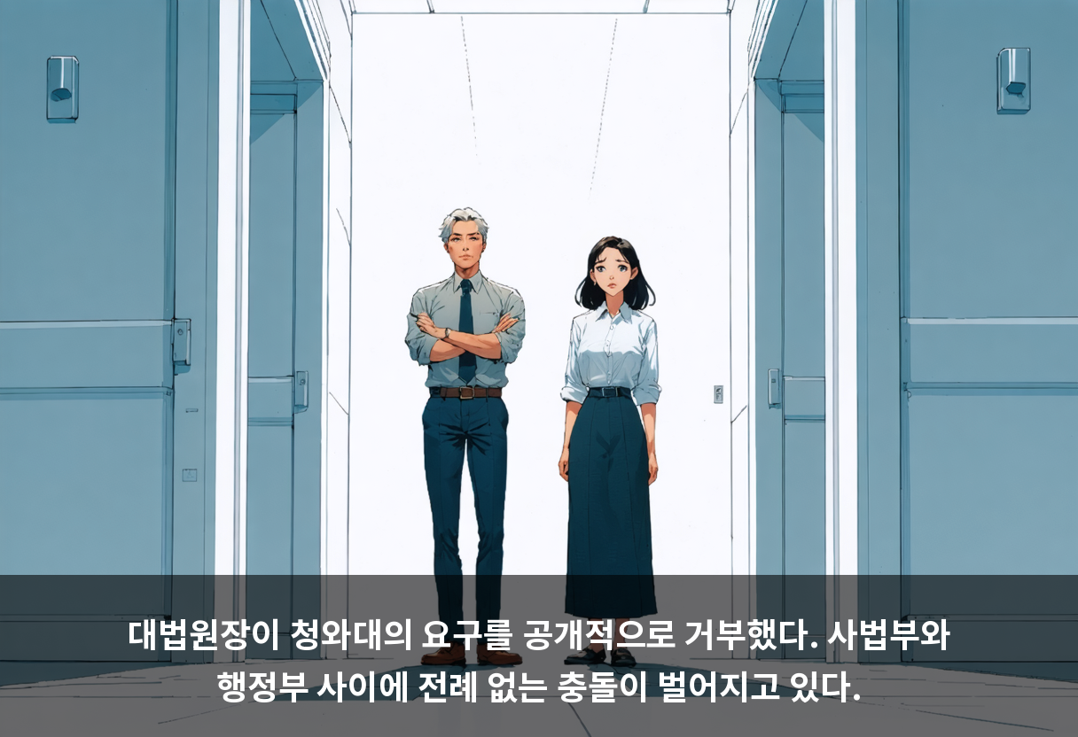대법원장이 청와대의 요구를 공개적으로 거부했다. 사법부와 행정부 사이에 전례 없는 충돌이 벌어지고 있다.