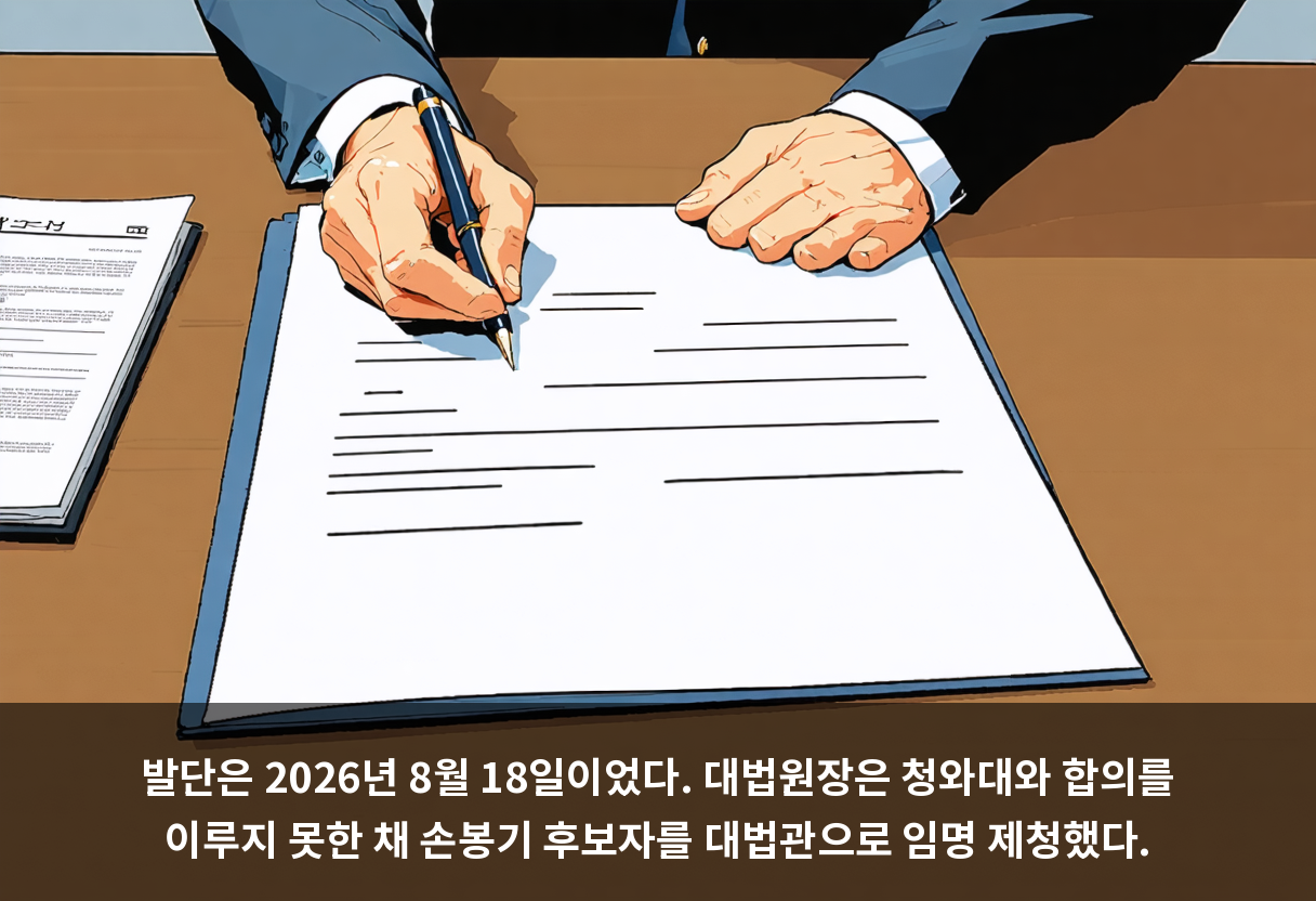 발단은 2026년 8월 18일이었다. 대법원장은 청와대와 합의를 이루지 못한 채 손봉기 후보자를 대법관으로 임명 제청했다.