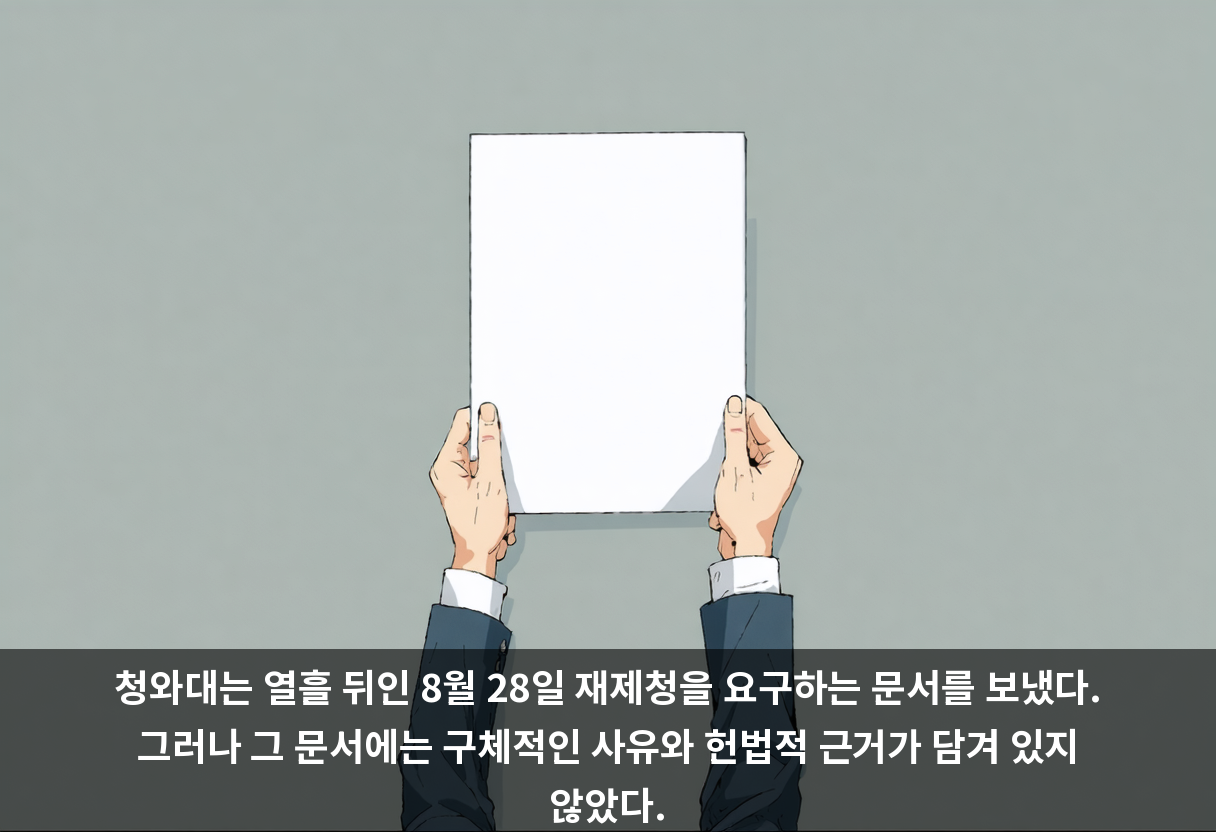 청와대는 열흘 뒤인 8월 28일 재제청을 요구하는 문서를 보냈다. 그러나 그 문서에는 구체적인 사유와 헌법적 근거가 담겨 있지 않았다.