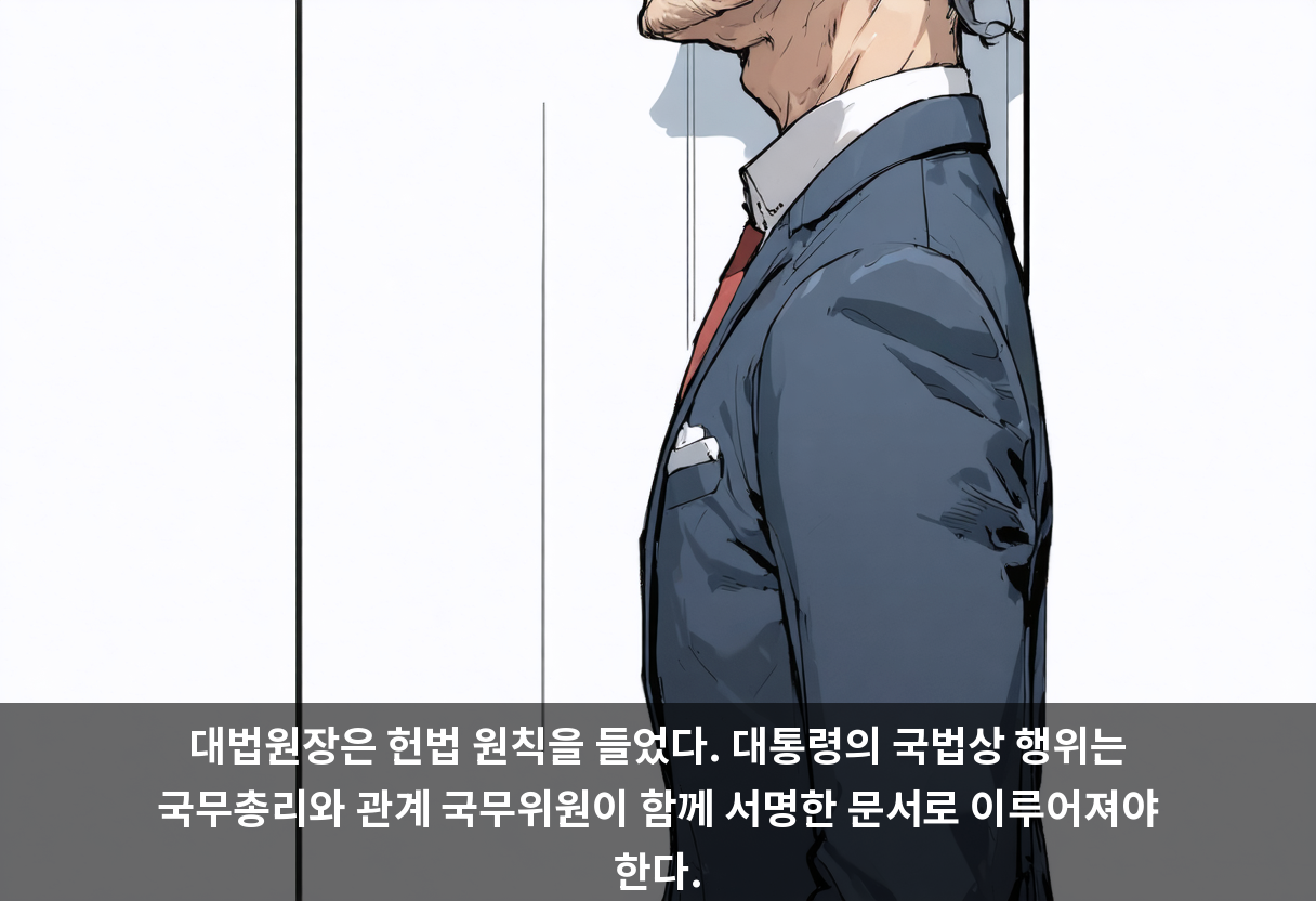 대법원장은 헌법 원칙을 들었다. 대통령의 국법상 행위는 국무총리와 관계 국무위원이 함께 서명한 문서로 이루어져야 한다.
