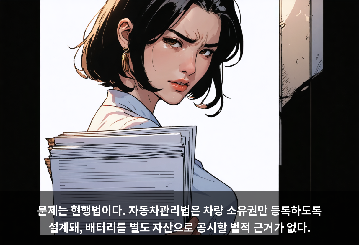 문제는 현행법이다. 자동차관리법은 차량 소유권만 등록하도록 설계돼, 배터리를 별도 자산으로 공시할 법적 근거가 없다.