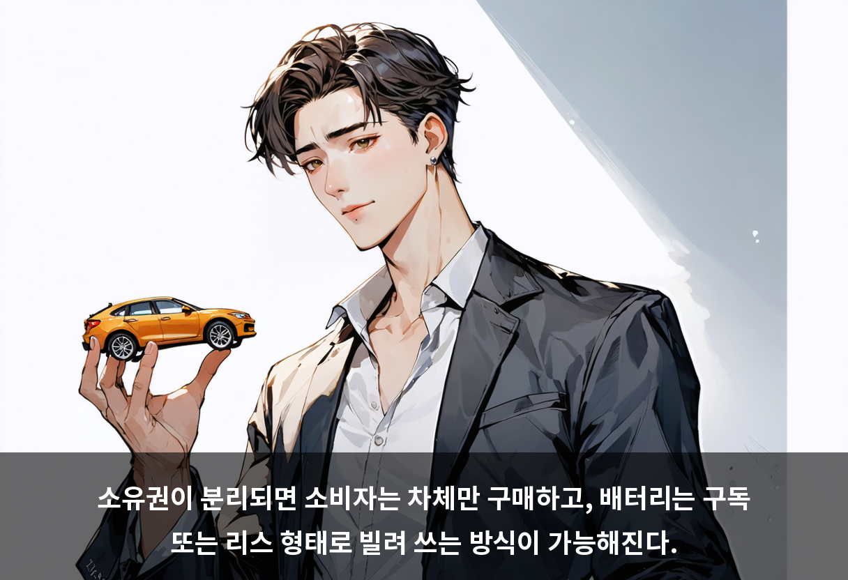소유권이 분리되면 소비자는 차체만 구매하고, 배터리는 구독 또는 리스 형태로 빌려 쓰는 방식이 가능해진다.