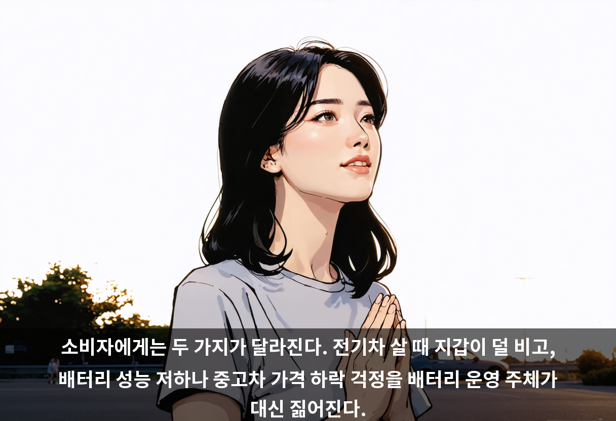소비자에게는 두 가지가 달라진다. 전기차 살 때 지갑이 덜 비고, 배터리 성능 저하나 중고차 가격 하락 걱정을 배터리 운영 주체가 대신 짊어진다.