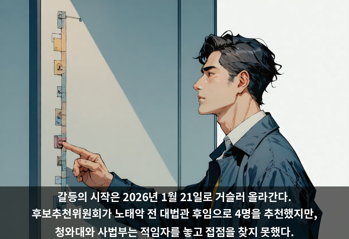 갈등의 시작은 2026년 1월 21일로 거슬러 올라간다. 후보추천위원회가 노태악 전 대법관 후임으로 4명을 추천했지만, 청와대와 사법부는 적임자를 놓고 접점을 찾지 못했다.